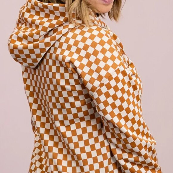 NWT Ampersand Camel & Cream Hoodie Y2K Retro Checkerboard Fall Streetwear Size M - Picture 3 of 8